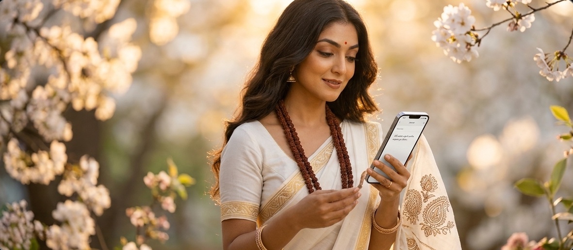Woman reading her horoscope on her phone